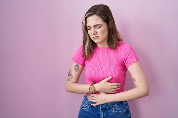 Blonde Caucasian Woman Standing Pink Background Hand Stomach Because Indigestion — Stok fotoğraf