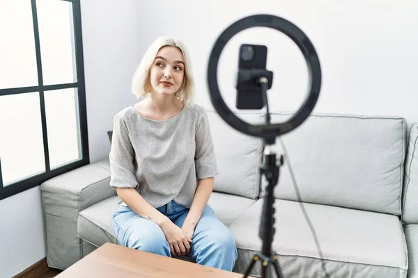 Young Caucasian Woman Recording Vlog Tutorial Smartphone Home Smiling Looking — Stock Fotó