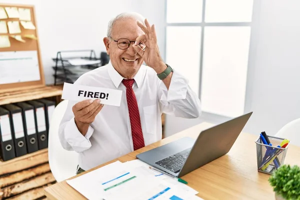 Senior Business Man Holding Fired Banner Office Smiling Happy Doing — Fotografia de Stock