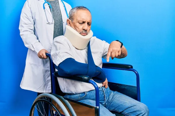 Handsome Senior Man Beard Sitting Wheelchair Neck Collar Pointing Looking — Zdjęcie stockowe