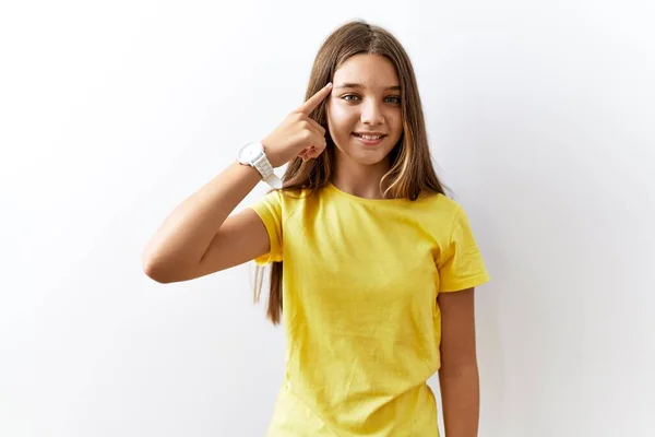 Young Brunette Teenager Standing Together Isolated Background Smiling Pointing Head — Stockfoto