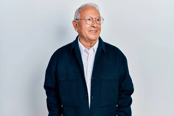 Senior Man Grey Hair Wearing Casual Style Glasses Smiling Looking — Stockfoto