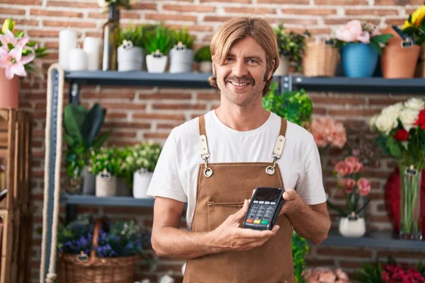 Young Blond Man Florist Smiling Confident Holding Data Phone Flower — Stock Photo, Image