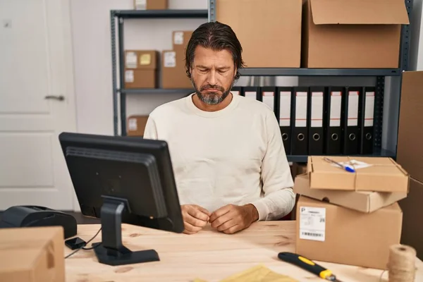 Handsome Middle Age Man Working Small Business Ecommerce Depressed Worry — Foto Stock