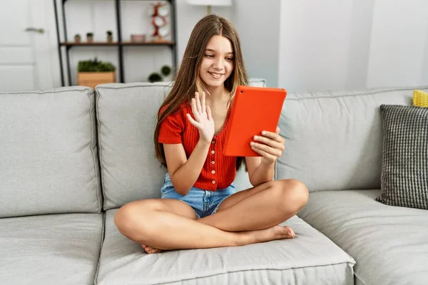 Adorable Chica Teniendo Videollamada Usando Touchpad Casa —  Fotos de Stock