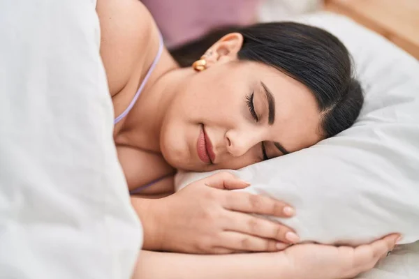 Young Hispanic Woman Lying Bed Sleeping Bedroom — Foto de Stock