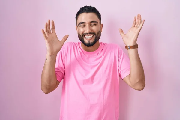 Hispanic Young Man Standing Pink Background Celebrating Mad Crazy Success — Stock Photo, Image