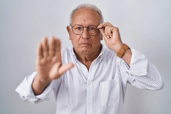 Senior Man Grey Hair Holding Glasses Hand Open Hand Doing — Zdjęcie stockowe
