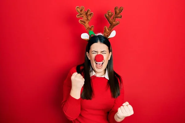 Young Hispanic Woman Wearing Deer Christmas Hat Red Nose Celebrating — Photo