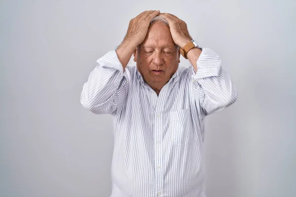Senior Man Grey Hair Standing Isolated Background Suffering Headache Desperate — Photo