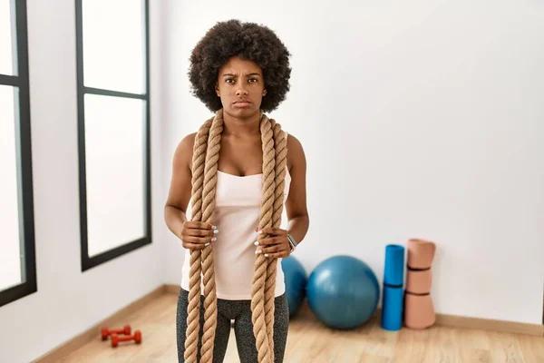 Young African American Woman Afro Hair Gym Training Battle Ropes — Stock Photo, Image