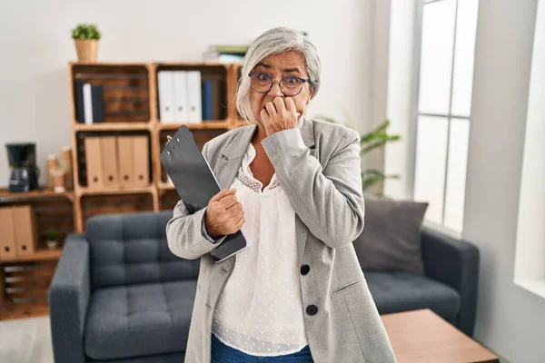 Middle Age Woman Grey Hair Consultation Office Looking Stressed Nervous — Stockfoto