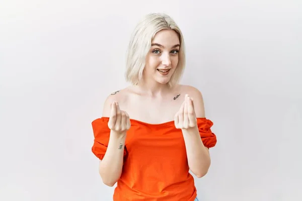 Young Caucasian Woman Standing Isolated Background Doing Money Gesture Hands — Stok fotoğraf