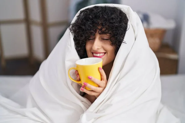 Young Middle East Woman Drinking Cup Coffee Sitting Bed Bedroom — Foto de Stock