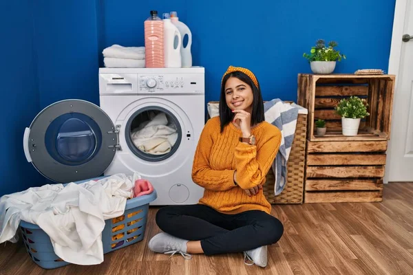 Young Hispanic Woman Doing Laundry Looking Confident Camera Smiling Crossed — Stock Photo, Image