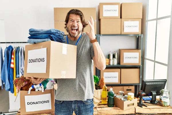 Handsome Middle Age Man Holding Donations Box Charity Volunteer Stand — Foto de Stock