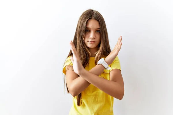 Young Brunette Teenager Standing Together Isolated Background Rejection Expression Crossing — 스톡 사진