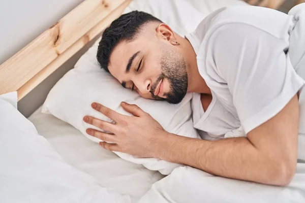 Young Arab Man Lying Bed Sleeping Bedroom — Φωτογραφία Αρχείου