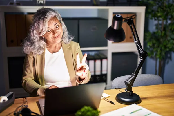 Middle Age Woman Grey Hair Working Using Computer Laptop Late — Stockfoto