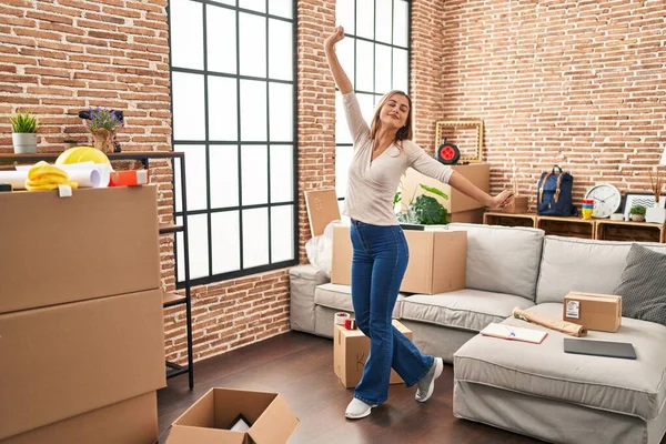 Young Blonde Woman Smiling Confident Dancing New Home — Stock Photo, Image