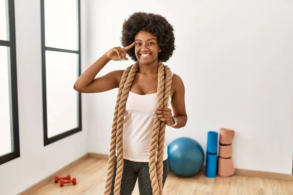 Young African American Woman Afro Hair Gym Training Battle Ropes — Stock Photo, Image