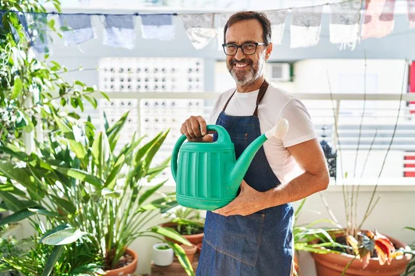 Middle Age Man Wearing Gardener Apron Holding Watering Can Home — Stockfoto