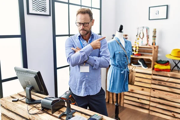 Middle Age Man Working Manager Retail Boutique Pointing Hand Finger — Stockfoto