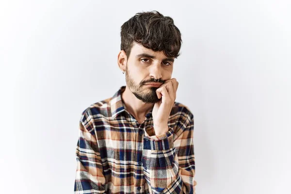 Hispanic Man Beard Standing Isolated Background Thinking Looking Tired Bored — Foto Stock