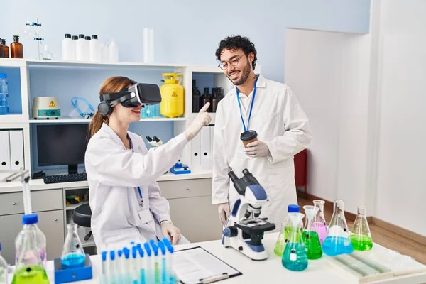 Man Woman Scientist Partners Using Goggles Drinking Coffee Laboratory — Photo