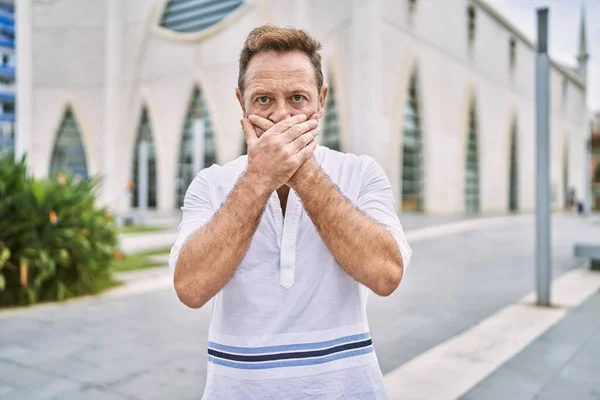 Middle Age Man Outdoor City Shocked Covering Mouth Hands Mistake — Fotografia de Stock