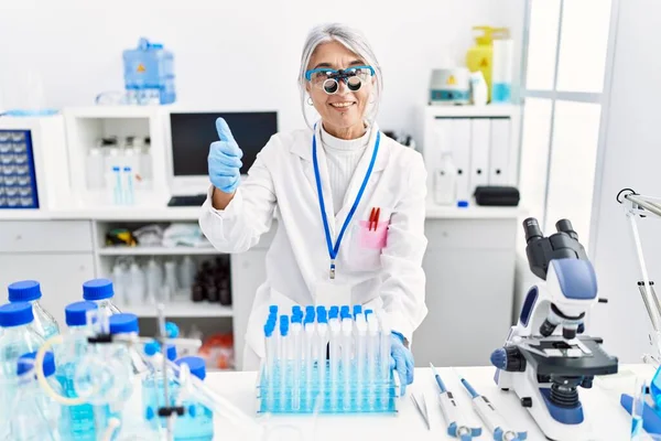Middle Age Grey Haired Woman Wearing Scientist Uniform Smiling Happy — Stock Photo, Image