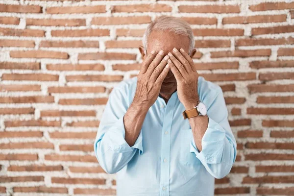 Senior Man Grey Hair Standing Bricks Wall Sad Expression Covering — Foto de Stock