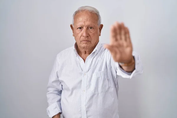 Senior Man Grey Hair Standing Isolated Background Doing Stop Sing — Photo