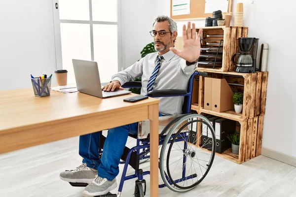 Middle Age Hispanic Man Working Office Sitting Wheelchair Doing Stop — Stock Photo, Image