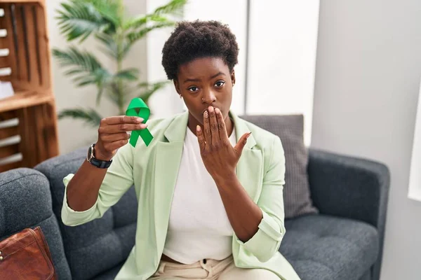 African American Woman Holding Support Green Ribbon Covering Mouth Hand — Stock Photo, Image