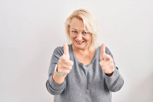 Middle Age Caucasian Woman Standing White Background Pointing Fingers Camera — Stok fotoğraf