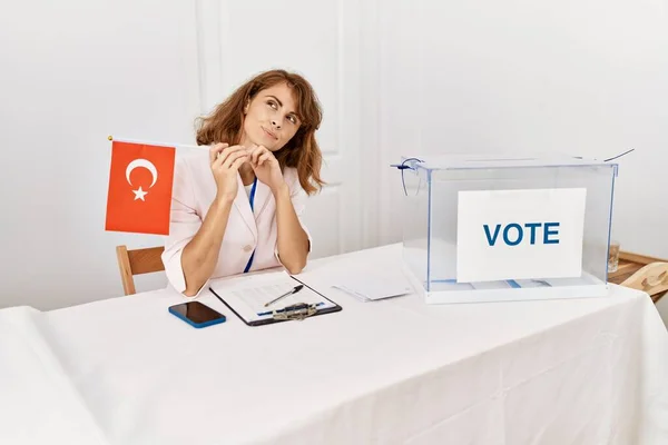 Beautiful caucasian woman at political campaign election holding tunisia flag serious face thinking about question with hand on chin, thoughtful about confusing idea