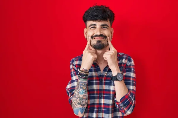 Young Hispanic Man Beard Standing Red Background Smiling Open Mouth — Fotografia de Stock