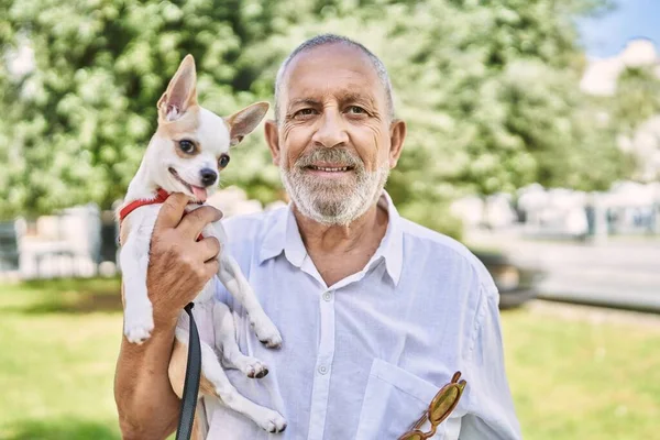 Senior Man Smiling Confident Hugging Chihuahua Park — Stock Photo, Image