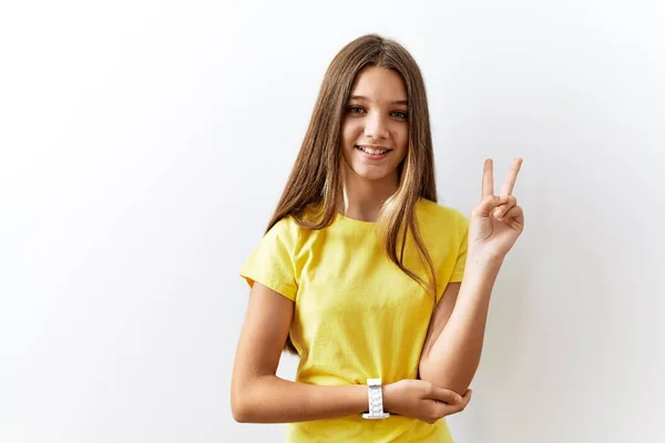 Young Brunette Teenager Standing Together Isolated Background Smiling Happy Face — 스톡 사진