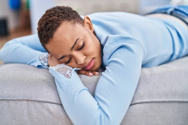 African American Woman Lying Sofa Sleeping Home — Photo