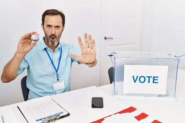 Middle Age Man Beard Sitting Ballot Holding Vote Badge Doing — Fotografia de Stock