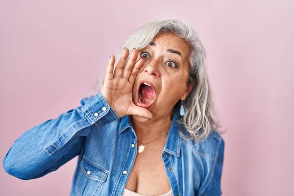 Middle Age Woman Grey Hair Standing Pink Background Shouting Screaming — 图库照片