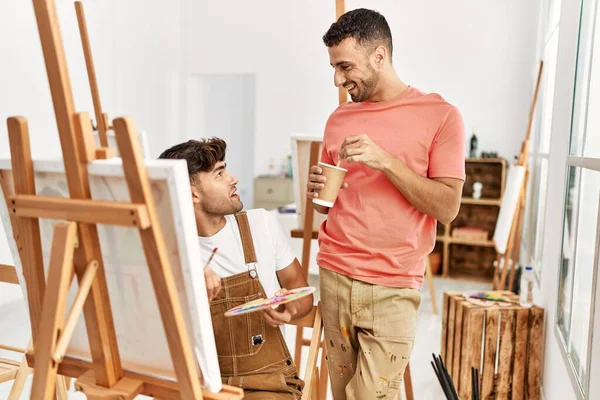 Two Hispanic Men Couple Smiling Confident Drinking Coffee Drawing Art — Stock Photo, Image