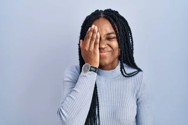 African American Woman Standing Blue Background Yawning Tired Covering Half — Stock Photo, Image
