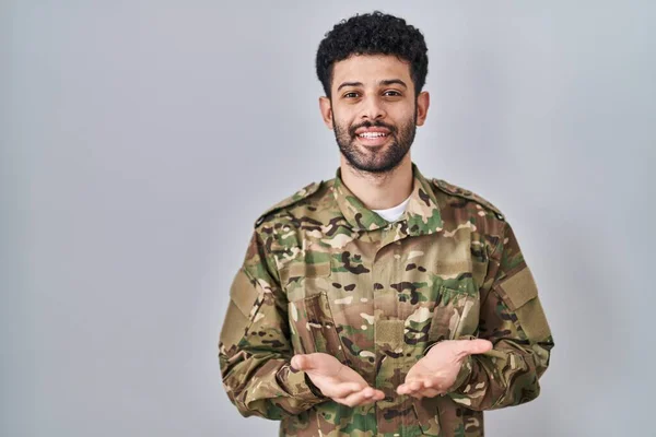 Arab Man Wearing Camouflage Army Uniform Smiling Hands Palms Together — Stock Photo, Image