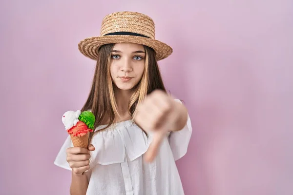 Teenager Girl Holding Ice Cream Looking Unhappy Angry Showing Rejection —  Fotos de Stock
