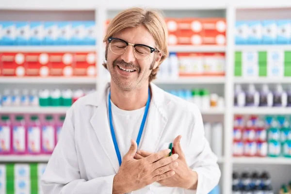 Caucasian Man Mustache Working Pharmacy Drugstore Smiling Hands Chest Closed — Stock Photo, Image