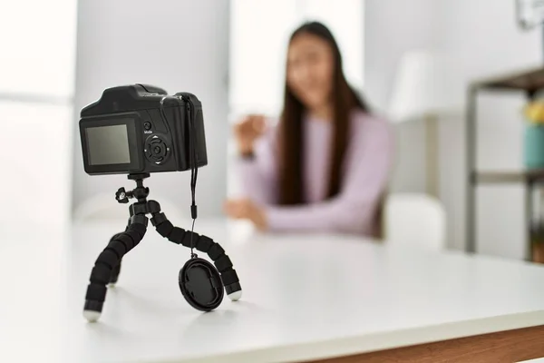 Young Chinese Girl Having Video Call Using Camera Sitting Table — Stock Photo, Image