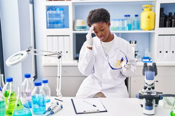 African American Woman Wearing Scientist Uniform Stressed Working Laboratory — стоковое фото